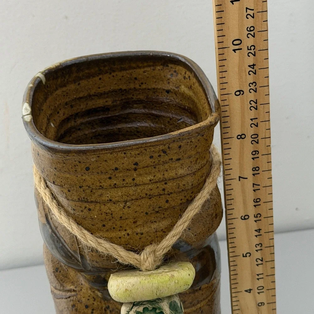 Vintage Studio Pottery Vase  Brown Rustic Stoneware Jute Bead Accent